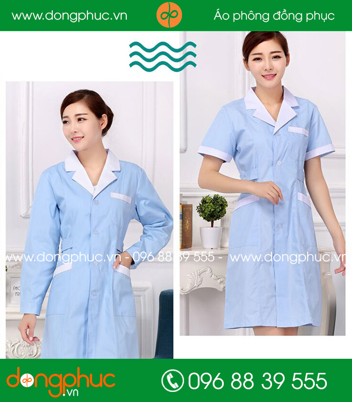 Áo blouse đồng phục y tá - Bác sĩ màu xanh nhạt cổ trắng
